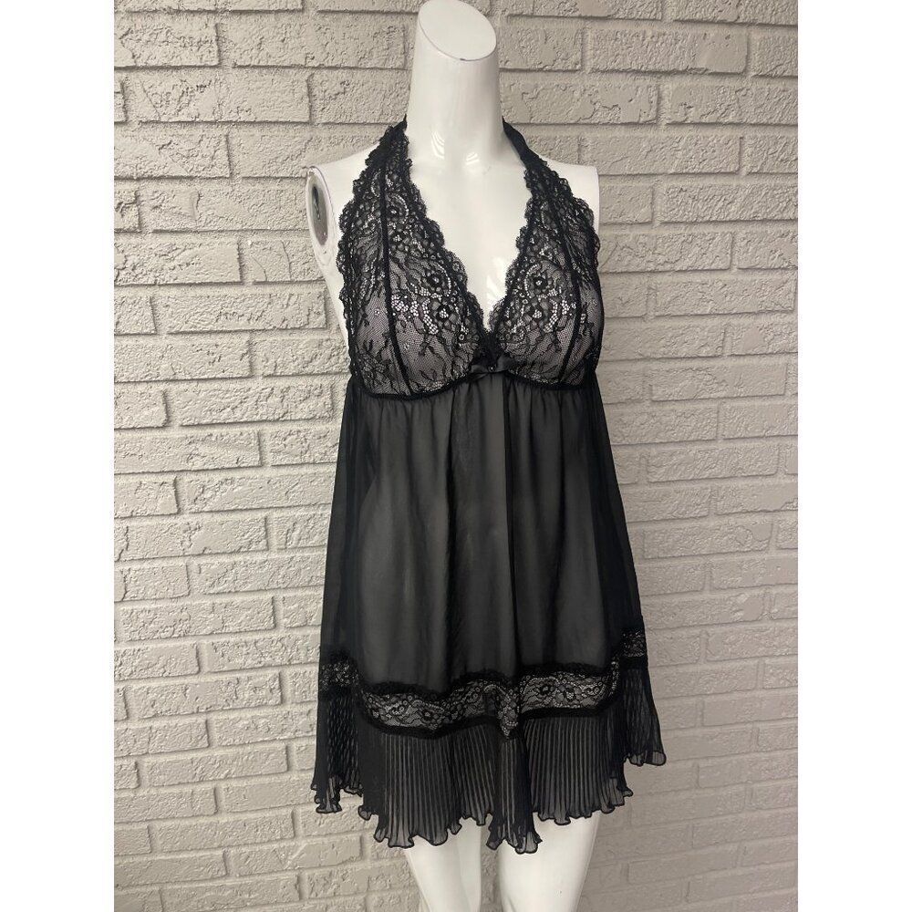 Linea Donatella Women Black Lace Pleated Hem Halter Lingerie Size L